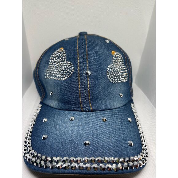 Rhinestone Heart Denim Baseball Cap – Sparkly Bling Jeweled Hat - Picture 1 of 4